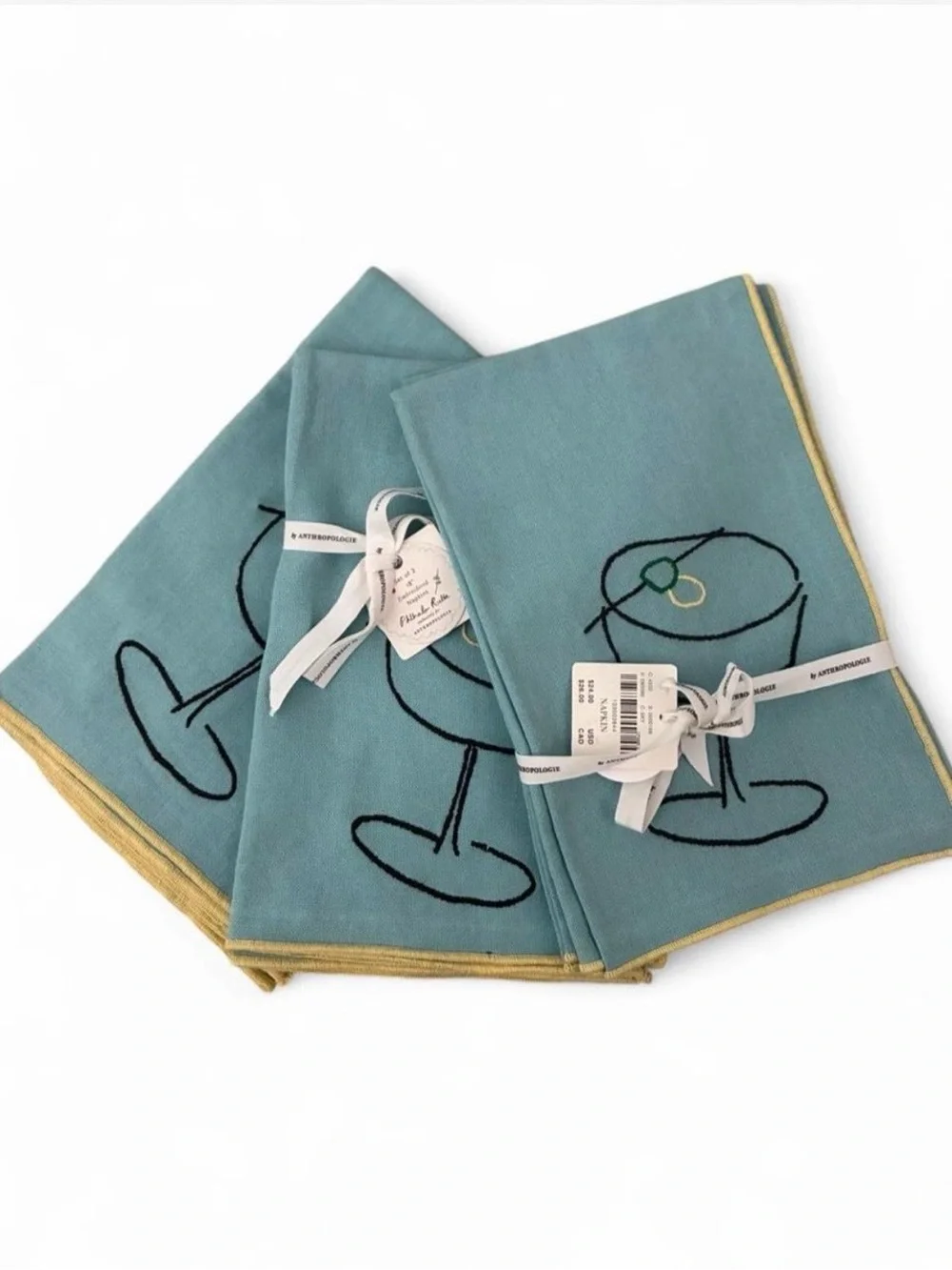 Anthropologie Teal Cloth Dinner Napkins with Cocktail Outline and Gold Trim